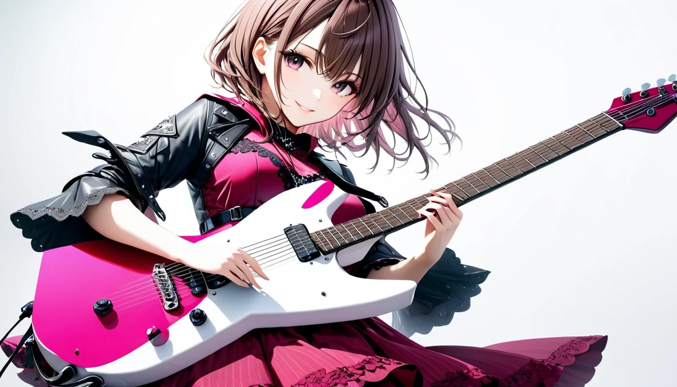 (((White background:1.2)))、(((The entire guitar is visible:1.5))),((masterpiece、Ultra HD、Masterpiece、４K)))、Perfect Style、Playing a white electric guitar、Scandinavian Gothic Metal Girl, Intense gaze into the camera, Intricate details, Highly detailed eyes, Brown bob hair、Pink Gothic Dress,  Intricate details、smile、mini skirt、Dynamic Movement、(((The entire guitar is visible:1.5)))