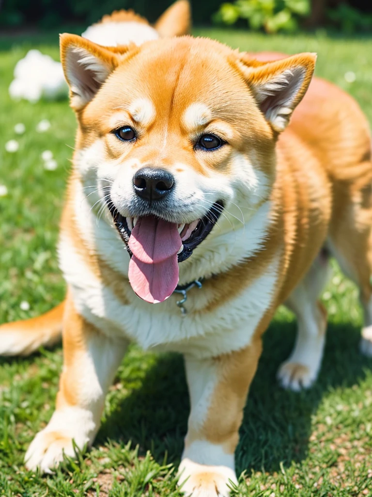 Highest Resolution,Highest quality,Shiba Inu,可愛いShiba Inu,Fluffy,smile,Drooling,Dripping saliva,Overflowing saliva,Iyashiba dog,garden,doghouse,grass,Stringy saliva,