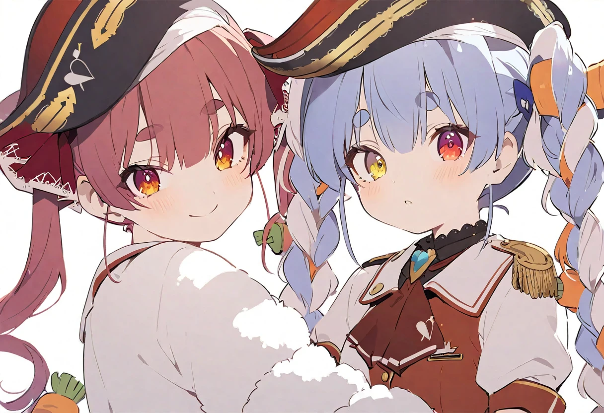 delicate、masterpiece、Highest quality、2 peopleの女の子、2 peopleだけ、2 people、virtual、Aquamarine、cute、(((Houshou Marine，cute、Redhead、Twin tails，distinct eyes，The left eye is yellow and the right eye is red.，captain uniform、Haveは無し)))、(((Usada Pekora、Used Pekora、cute、Light blue and white hair、三つ編みTwin tails、A carrot is stuck in the braid、Orange and yellow gradient eyes、Cute big eyes、White fluffy cute clothes、Have)))、White Background、Flat Color、sketch