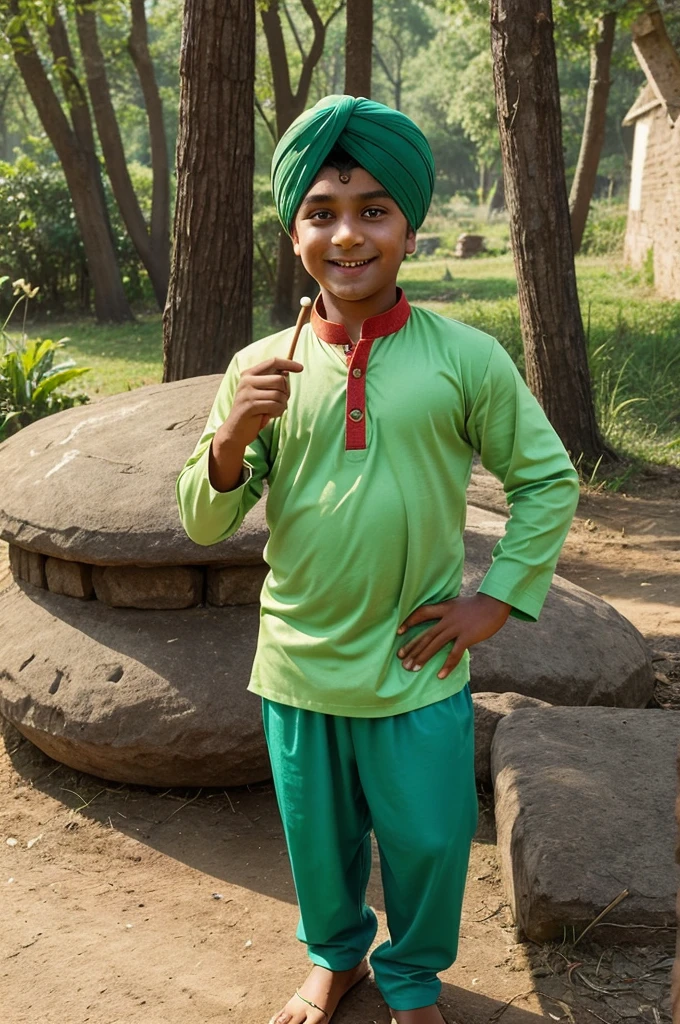 Sure! Here's a concept for a cartoon-style Punjabi boy:
**Name:** Baljeet "Bobby" Singh
**Appearance:** Bobby is a chubby-cheeked, lively boy with a perpetual smile. He wears a bright-colored kurta and pajama with playful designs of animals and symbols from Punjabi culture. His hair is styled in a small pagri (turban) that matches his outfit, and he always carries a wooden toy flute tucked into his waistband.
**Personality:** Bobby is curious and adventurous, always getting into small escapades around his village. He is known for his mischievous pranks and infectious laughter that brightens up everyone's day. Despite his playful nature, he has a kind heart and is quick to help others in need.
**Abilities:** Bobby doesn't have magical powers, but he possesses a keen sense of empathy and understanding. He often communicates with animals and has a knack for befriending even the shyest creatures. His flute-playing skills are exceptional for his age, often attracting animals and occasionally bringing a smile to grumpy villagers.
**Backstory:** Growing up in a close-knit village in rural Punjab, Bobby is the youngest of a large family. He learned to play the flute from his grandfather, who told him stories about the magical creatures that dwell in the forests nearby. Bobby's adventures often involve meeting these creatures and learning valuable lessons about friendship and bravery.
**Catchphrase:** "Let's play a tune of happiness!"
Baljeet "Bobby" Singh's character in the cartoon would embody the innocence and charm of childhood in a Punjabi setting, celebrating friendship, family values, and the wonders of nature through his playful adventures.