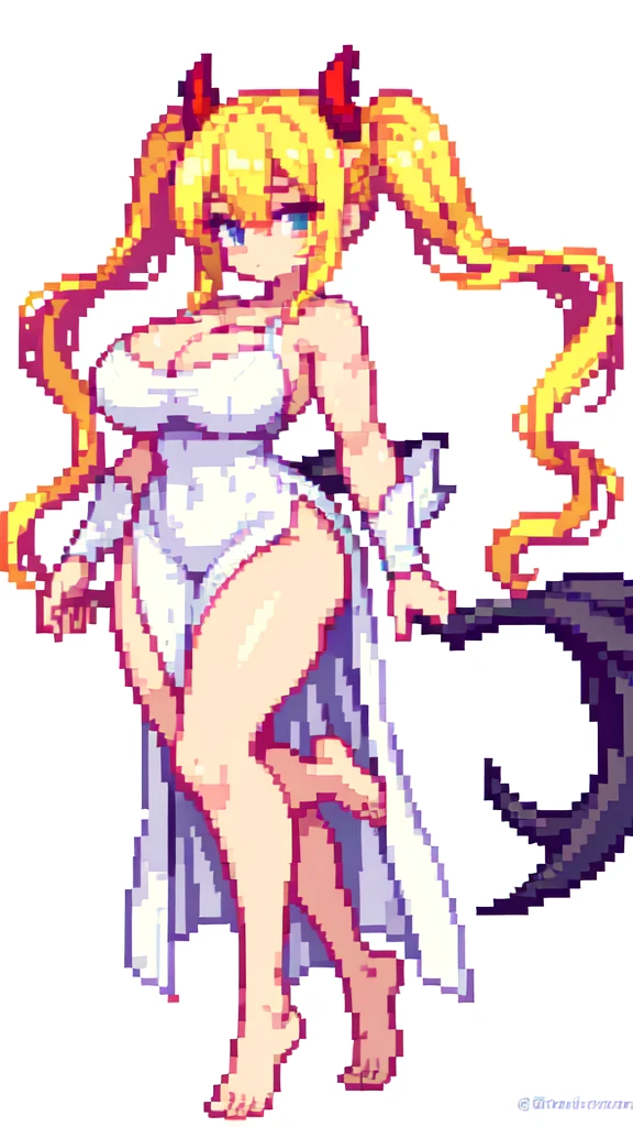 ass focus,devil,barefoot,{{lift one leg}},{{very muscular}},{{very gigantic breasts}} ,{{very curvy}} , ,masterpiece , best quality , pixel art , 1 girl ,{full body}, voluptuous ,twintails,blonde hair ,white dress,white background