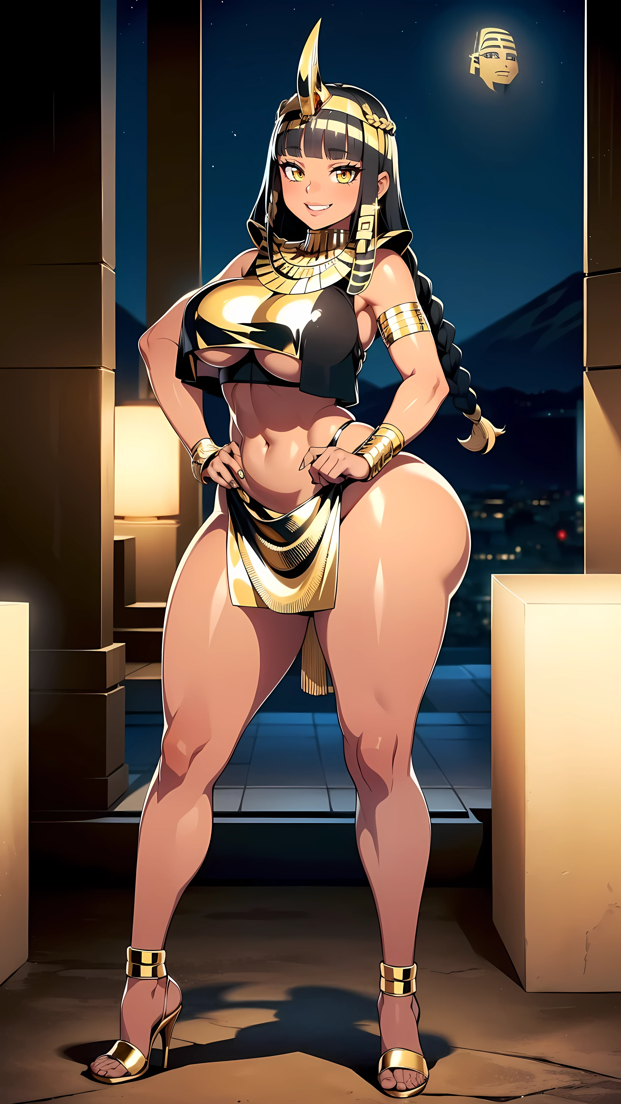 4K Quality, grinning, sexy pose, (black and gold egyptian crop top and dress), standing up, ((black and gold braids)), (dark skinned), thick thighs, big breasted, big ass, looking at viewer, amber eyes, night time, bedroom eyes, full body, egyptian city background, perfect face, perfect body, perfect eyes,