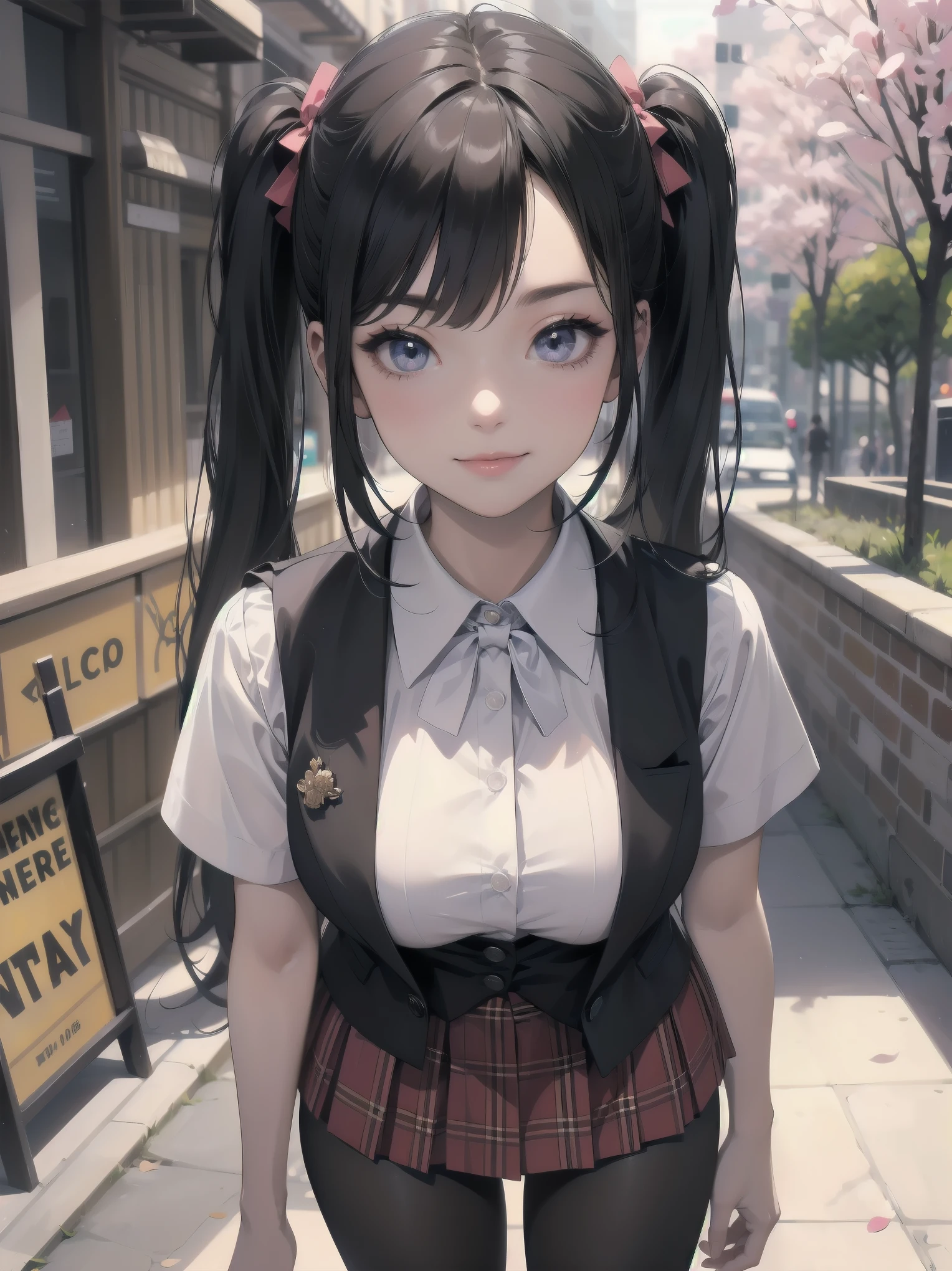 absurdres, absolutely resolution, incredibly absurdres, highres, ultra detailed, official art, unity 8k wallpaper,
BREAK
1 girl, soro, twintails, bow, cardigan vest, short sleeve shirt, plaid skirt, over black legwear, loafers, smile, Sexual girl, Dressy styles that are glamorous and pretty, with an emphasis on cuteness, bright shades and pop designs