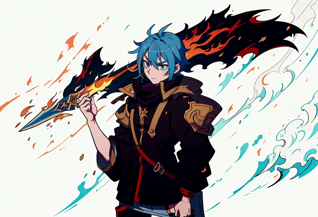 anime character with a sword and flame in his hand, 2d anime style, 2 d anime, by Shitao, shigenori soejima illustration, zerochan art, by Kamisaka Sekka, with leviathan ax, made with anime painter studio, Hero 2d Fanart Artsation, zerochan, anime character art, por Kamagurka