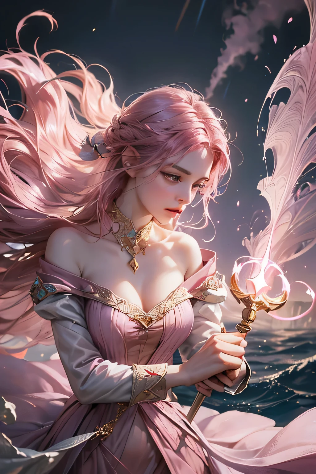 "Create an ultra-realistic image of a stunning 18-year-old girl holding an air magical staff that exudes the energy of the wind and sky. She should be dressed in a sophisticated, ((((((dark pink)))))) shaded outfit that contrasts beautifully with her airy element. Depict her surrounded by elements of air, such as swirling breezes, floating feathers, and gentle currents, to highlight her command over this element. Include a distinct air symbol on her body, signifying her role as the keeper of air and illustrating the powerful, ethereal energy of air she holds within her."