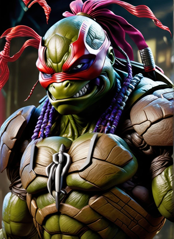 An intensely detailed depiction of a cyborg version of the character (((Raphael))) from Teenage Mutant Ninja Turtles, showcasing intricate Japanese art influences and demonic features. The shot captures him in a dynamic fighting pose, his face adorned with ((cybernetic enhancements)) and ((prosthetics)) with intricate details. This stunning image, whether a digital painting or a photograph, radiates an ultra-realistic quality that immerses viewers in its hyper-detailed composition. Every aspect of the character's bruised and beaten appearance is rendered with meticulous precision, enhancing the overall impact of the scene.