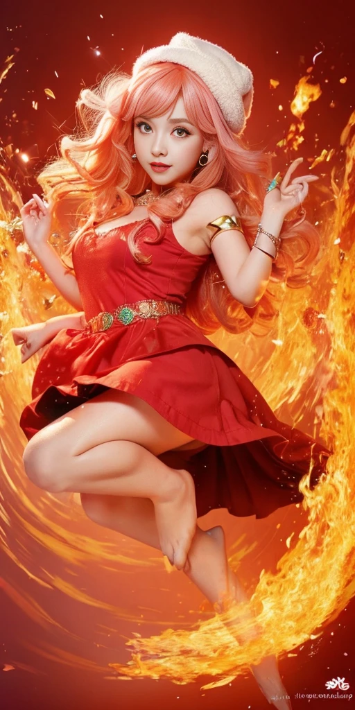 ((masterpiece,best quality)),(negative space:1.4),(1girl, solo:1.4),beautiful detailed eyes,floating pink hair, red hat, fireball, casting a fire spell, orange and red fractals background, looking to the side, teal eyes, fullbody, jumping