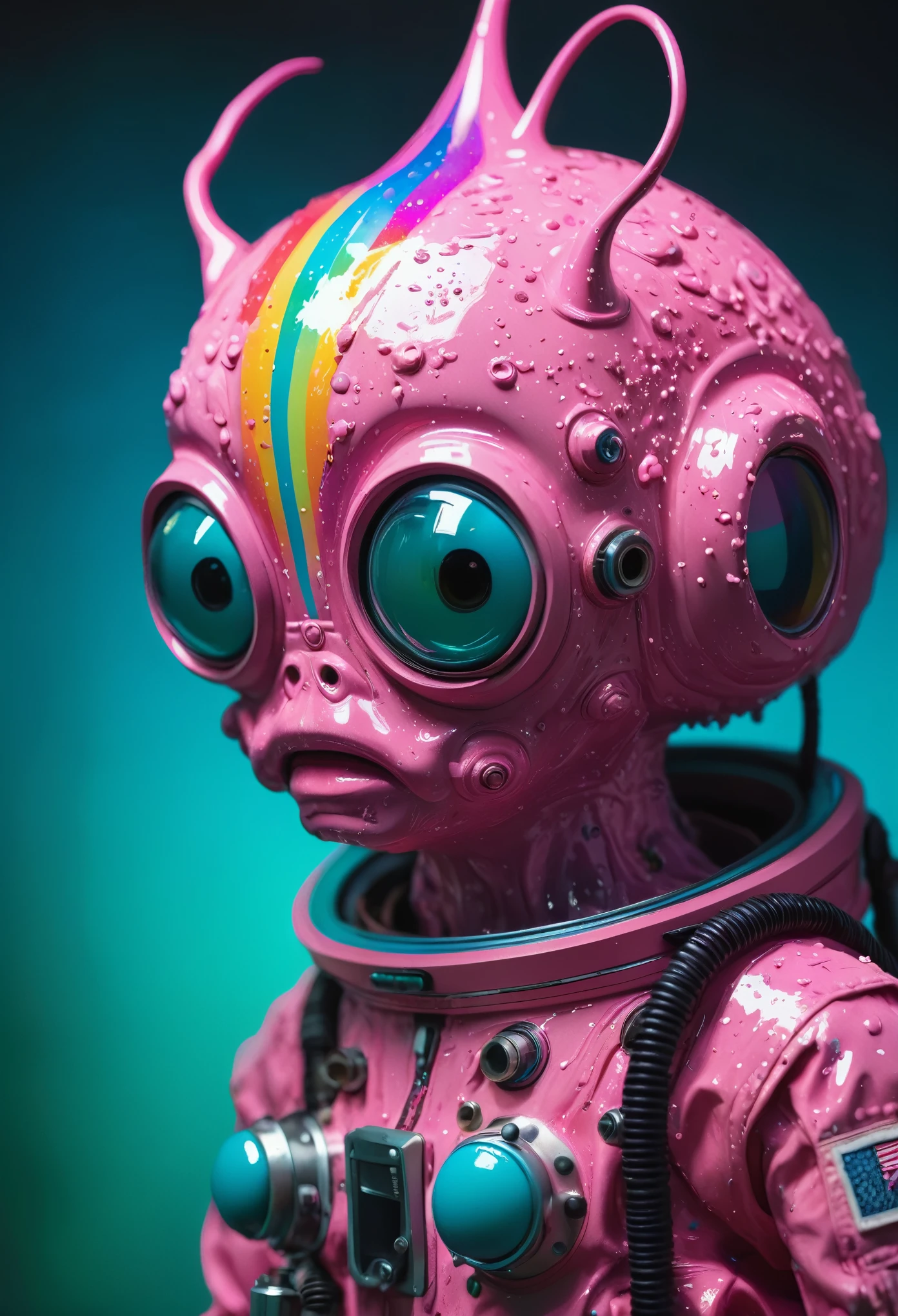 8K, ARTISTIC photogrAphy, best quAlity, mAsterpiece: 1.2), A (potrAit:1.2) Don Bluth Style  ASTRONAUT Cthulhu pink Toon Doll, full body RAW candid cinema, cyan hair, 16mm, color graded portra 400 film, remarkable color, ultra realistic, sad admosphere, dark lighting, oppressive atmosphere, depressive colors, kodak portra 400, photograph,r, Natural Light,  Pinhead lighgts, blur reflection, Brush Strokes, Smooth, abstract, Splatter, Oil On Canvas, rainbow colors, fractal isometrics details bioluminescens : a stunning realistic photograph of wet bone structure, 3d render, octane render, intricately detailed, titanium decorative headdress, cinematic, trending on artstation | Isometric | Centered