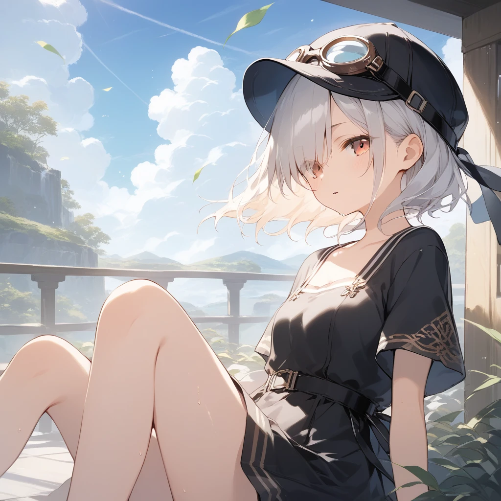 score_9, score_8_up, score_7_up, source_anime, best quality, masterpiece, official art, absurdres, highres, ultra-detailed,waifu2x,Collection: Slice of Life,break,1girl, 15-year-old, short hair, hair over one eye, small breasts, beautiful detailed face, beautiful detailed eyes, well-proportioned iris and pupils, parted lips, beautiful detailed lips, cap, goggles on headwear, skirt, sit, sweat, expressionless, sleepily, fantasy, outdoors, wind, break,(clear line illustration:1.2),very high resolution, very aesthetic, super detailed skin, Best cinematic lighting powered by famous artist, 8k, beauty illustration,photoshop_(medium),,(Detailed Lighting),best anime 8k konachan wallpaper, pixiv contest winner,