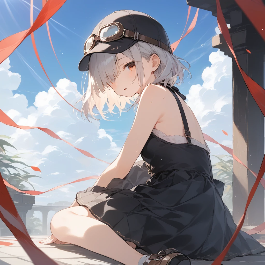score_9, score_8_up, score_7_up, source_anime, best quality, masterpiece, official art, absurdres, highres, ultra-detailed,waifu2x,Collection: Slice of Life,break,1girl, 15-year-old, short hair, hair over one eye, small breasts, beautiful detailed face, beautiful detailed eyes, well-proportioned iris and pupils, parted lips, beautiful detailed lips, cap, goggles on headwear, skirt, sit, sweat, expressionless, sleepily, fantasy, outdoors, wind, break,(clear line illustration:1.2),very high resolution, very aesthetic, super detailed skin, Best cinematic lighting powered by famous artist, 8k, beauty illustration,photoshop_(medium),,(Detailed Lighting),best anime 8k konachan wallpaper, pixiv contest winner, 