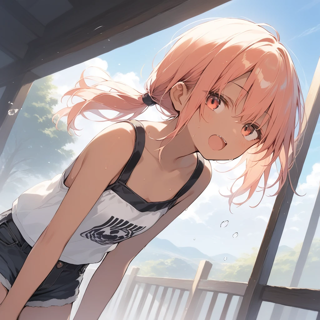 score_9, score_8_up, score_7_up, source_anime, best quality, masterpiece, official art, absurdres, highres, ultra-detailed,waifu2x,Collection: Slice of Life,break,1girl, tomboy, dark-skinned female, short hair, low ponytail, flat chest, beautiful detailed eyes, short shorts, sweat, open mouth, (yawn:0.3), sleepily, outdoors, wind, break,(clear line illustration:1.2),very high resolution, very aesthetic, super detailed skin, Best sexual lighting powered by famous artist, 8k,cute picture,beauty illustration,photoshop_(medium),,(Detailed Lighting),best anime 8k konachan wallpaper, pixiv contest winner, 