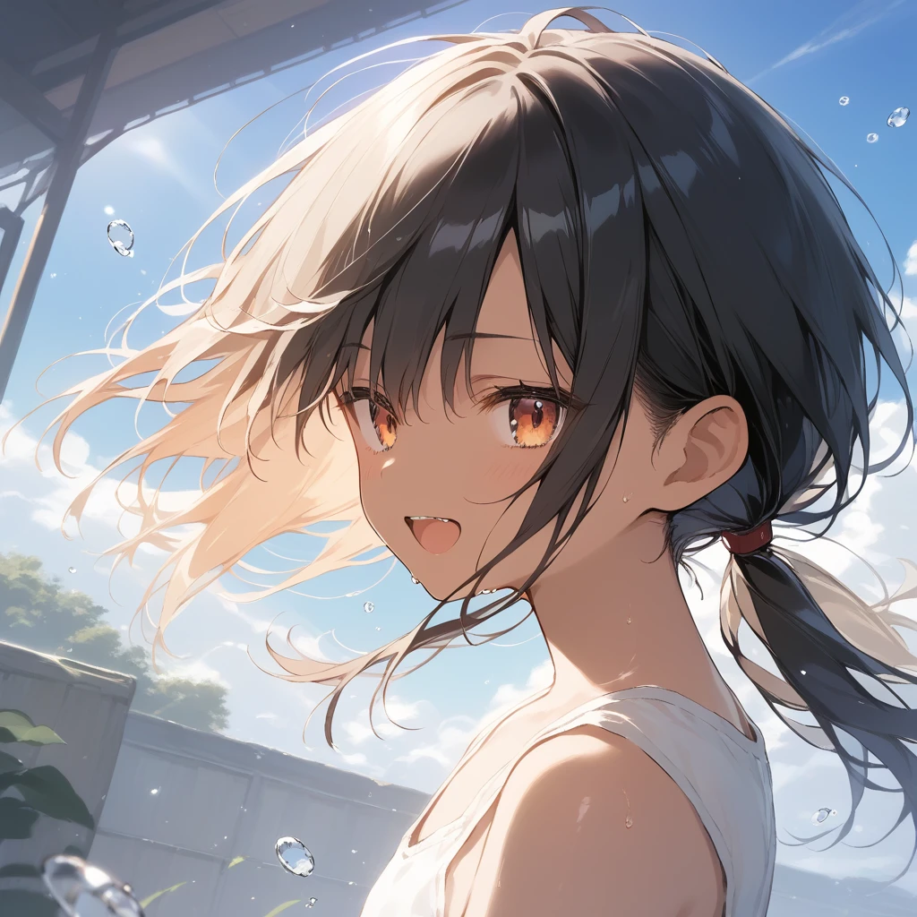 score_9, score_8_up, score_7_up, source_anime, best quality, masterpiece, official art, absurdres, highres, ultra-detailed,waifu2x,Collection: Slice of Life,break,1girl, tomboy, dark-skinned female, short hair, low ponytail, flat chest, beautiful detailed eyes, short shorts, sweat, open mouth, (yawn:0.3), sleepily, outdoors, wind, break,(clear line illustration:1.2),very high resolution, very aesthetic, super detailed skin, Best sexual lighting powered by famous artist, 8k,cute picture,beauty illustration,photoshop_(medium),,(Detailed Lighting),best anime 8k konachan wallpaper, pixiv contest winner,