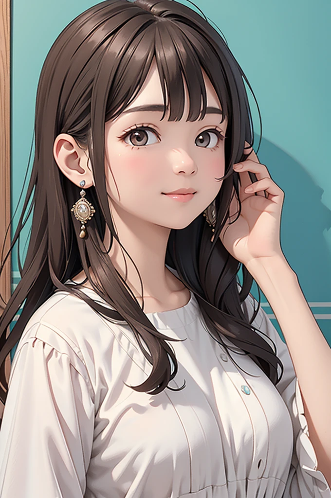 an unparalleled masterpiece、Ultra-realistic 8k CG、perfect artwork、wallpaper、1 Girl Girl Beautiful Girl、alone、beautiful face、
hair ornaments、looking at the viewer、Put a smile on your face、closed your mouth、hair ornaments、headless、jewelry、earrings、Brown hair long hair、