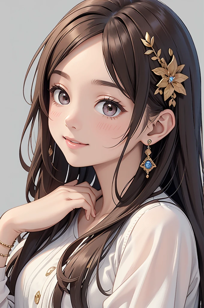 an unparalleled masterpiece、Ultra-realistic 8k CG、perfect artwork、wallpaper、1 Girl Girl Beautiful Girl、alone、beautiful face、
hair ornaments、looking at the viewer、Put a smile on your face、closed your mouth、hair ornaments、headless、jewelry、earrings、Brown hair long hair、