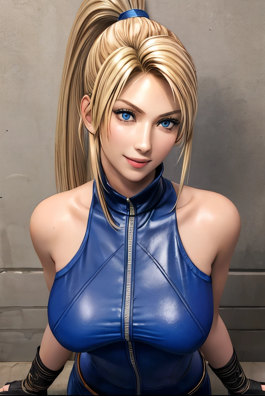 Sarah, blue eyes, American, angle view, (full bodysuit:1.1), (skinny girl:1.0), ((long ponytail:1.3)), (free flowing hair:1.4), cowboy shot, blonde hair, long hair, (long side burns:1.4), Shoulders exposed, (arms exposed:1.0), (very detailed skin:1.5), (medium breasts:1.4), belt ,sleeveless, (closed zipper), earrings, fingerless short gloves, BREAK masterpiece, 1 girl, RAW photo, (best quality:1.2), extremely delicate beautiful, very detailed, 2k wallpaper, amazing, fine details, (medium breasts:1.3), extremely detailed CG Unity 8k wallpaper, super detailed, high resolution, (beautiful detailed girl:1.4), perfect anatomy, wide cheeks, (shiny clothes:1.1), (smile:1.2), (upper body:1.3), (Realistic, Photorealistic:1.0), (thin nose:1.2), (breast focus:1.3), 20 year old, high nose bridge, (blue clothes:1.2), fighting pose, fighting arena, armpit against wall, wide face, (wide smile:1.3), closed mouth
