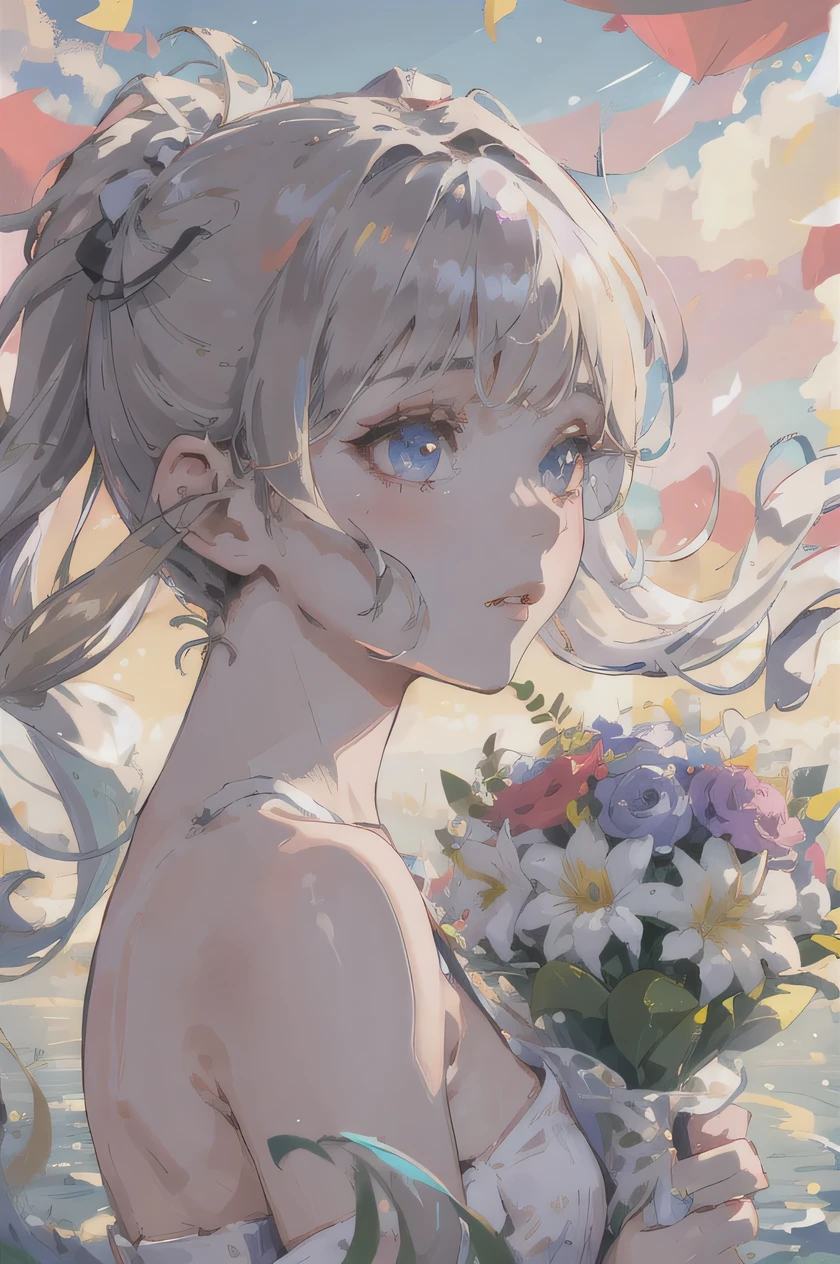 one cute girl, holding a bouquet of flowers, lakeside, (lens flare:1.4), (wind:1.4), blonde hair, ((highlights hair, smoky rainbow streaked hair)), beautiful detailed eyes, beautiful detailed lips, extremely detailed eyes and face, long eyelashes, elegant, serene expression, soft natural lighting, golden hour lighting, warm color palette, cinematic composition, highly detailed, photorealistic, 8k, best quality, masterpiece