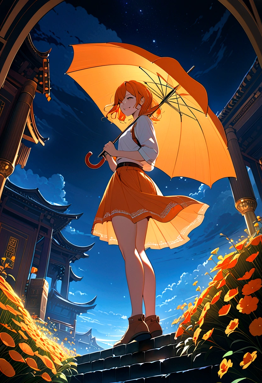 (masterpiece:1.4), (best quality:1.4), fantasy, extremely detailed, complex, hyper detailed, illustration,Soft lighting, 1 Girl, Holding an umbrella, Orange Hair_flower, skirt, bending_Exceed , Grin, (perfect_Face), Gorgeous, complex, Dramatic Lighting, 4K, detailed_background, Caustic lines, full_Body, digital_illustration, from_side 