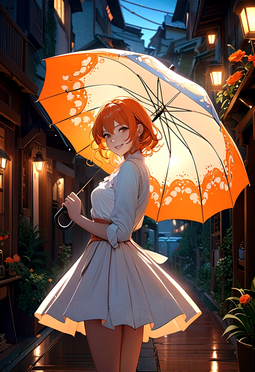 (masterpiece:1.4), (best quality:1.4), fantasy, extremely detailed, complex, hyper detailed, illustration,Soft lighting, 1 Girl, Holding an umbrella, Orange Hair_flower, skirt, bending_Exceed , Grin, (perfect_Face), Gorgeous, complex, Dramatic Lighting, 4K, detailed_background, Caustic lines, full_Body, digital_illustration, from_side 