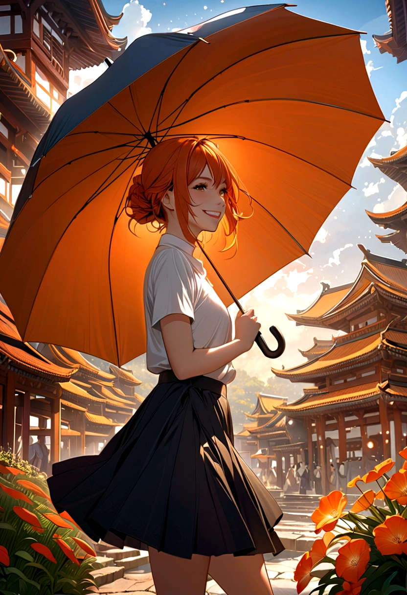 (masterpiece:1.4), (best quality:1.4), fantasy, extremely detailed, complex, hyper detailed, illustration,Soft lighting, 1 Girl, Holding an umbrella, Orange Hair_flower, skirt, bending_Exceed , Grin, (perfect_Face), Gorgeous, complex, Dramatic Lighting, 4K, detailed_background, Caustic lines, full_Body, digital_illustration, from_side