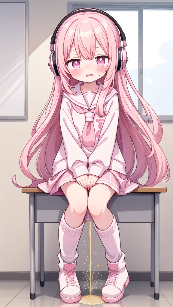 Pink long hair,Pink and white sweatshirt,Pink Eyes,Black headphones,White boots,blush shy,Leaking urine(1.2)classroom scene,eternal, cry, , Tears flow from the eyes, The embarrassment comes from, blush), (Girl is peeing: 1.2),, Look away, sit, Awkward, blush, Mouth slightly open, classroom (Girl Leaking urine): 1.5)