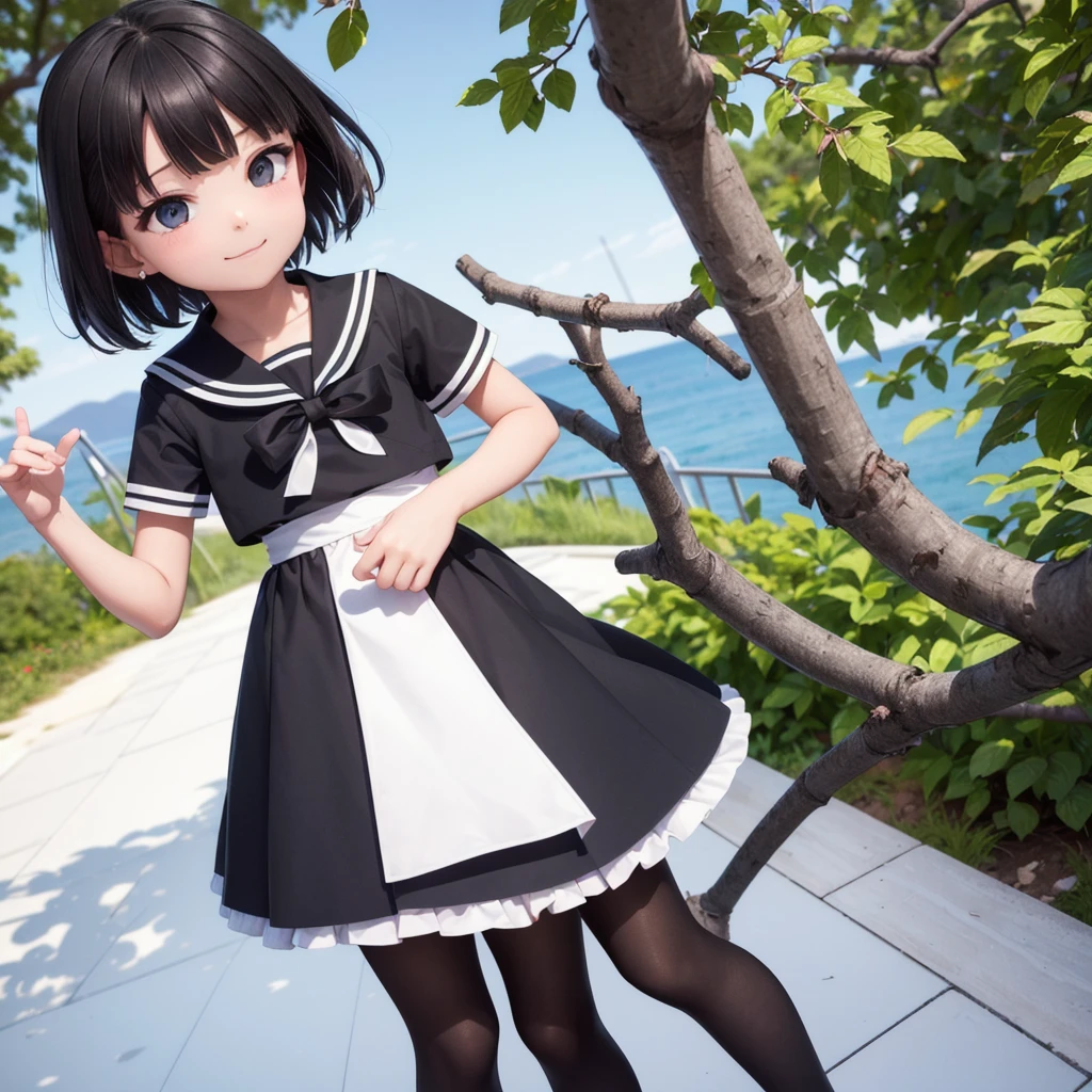 １people々 girl, clear, cute, (View your audience:1.0), detaileds sky, ((masterpiece:1.4, Highest quality)), multiple detaileds, eye shadow, SFW, (Medium Shot:1.5), Gradient Eye,
roller:addition_detailed:0.8>,  (Black Pantyhose:1.2), straight, 
1people々 girl, have, Sailor, Branch Eyes, short hair, Black Hair, Sailor collar, White shirt, Semi-transparent knee-length skirt,Long skirt below knee length, Murasa Minamitsu, hishaku、smile