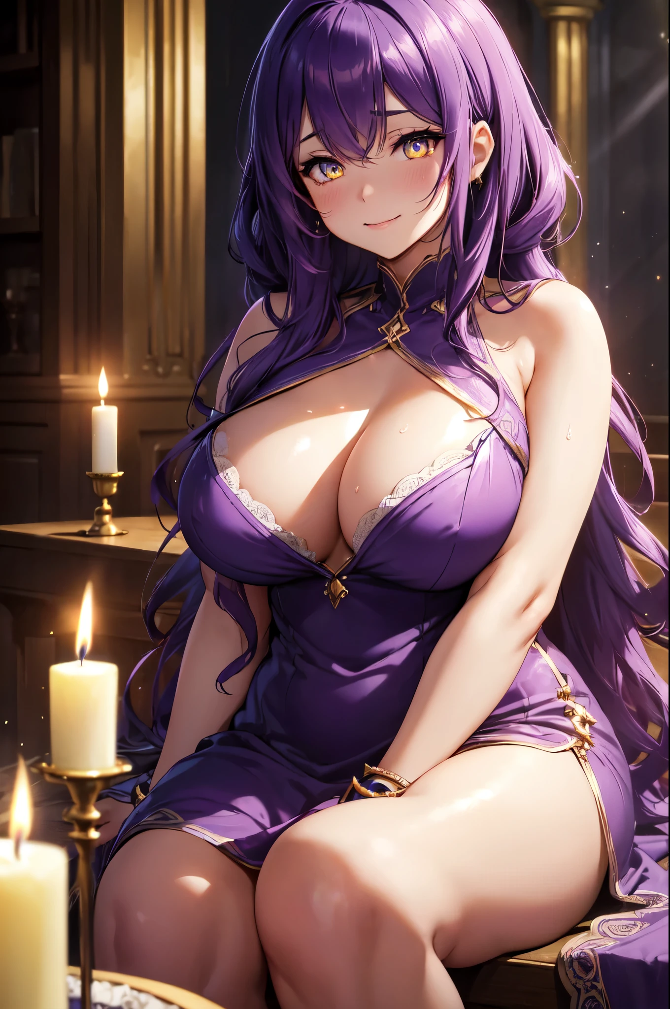 (High quality, High resolution, Fine details), glowing candles, soft fabric dress, solo, curvy adult women, purple hair, sparkling yellow eyes, (Detailed eyes:1.2), smile, blush, Sweat, Oily skin, dramatic lighting, dramatic shadows, mystical atmosphere, cinematic composition, Soft tones, shallow depth of field