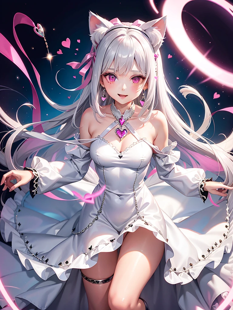 Silver hair, pink eyes, body, cat ears, girl, earrings, heart background fantasy, princess, godly, hair bows,  happy face, long dress