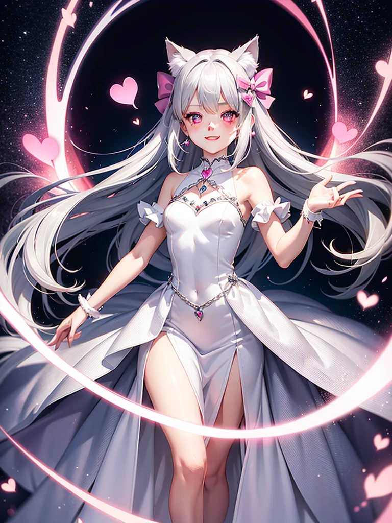 Silver hair, pink eyes, body, cat ears, girl, earrings, heart background fantasy, princess, godly, hair bows, happy face, long dress