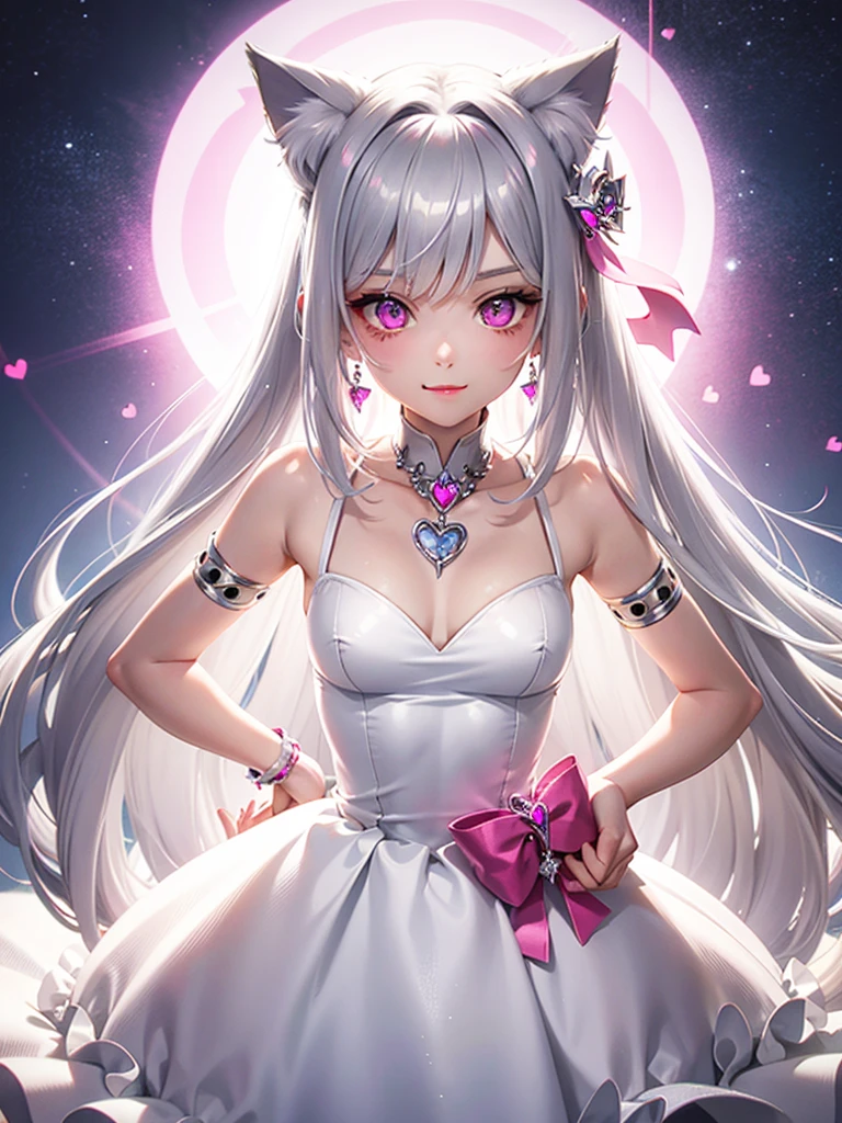 Silver hair, pink eyes, body, cat ears, girl, earrings, heart background fantasy, princess, godly, hair bows, happy face, long dress