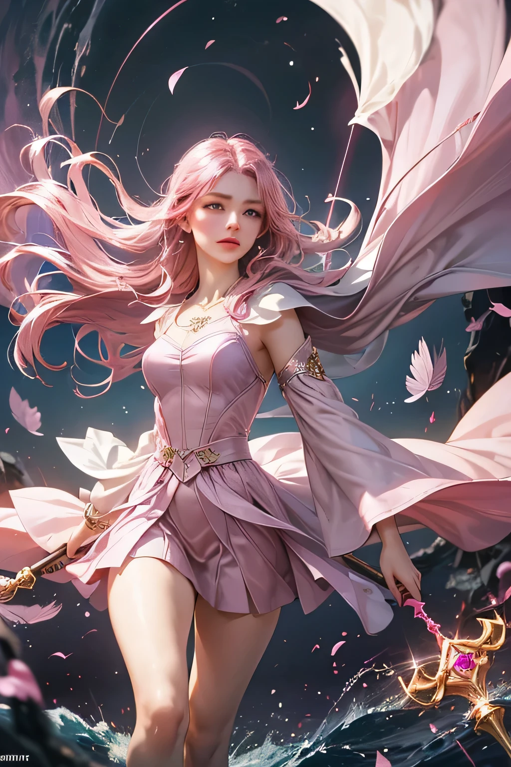 "Create an ultra-realistic image of a stunning 18-year-old girl holding an air magical staff that exudes the energy of the wind and sky. She should be dressed in a sophisticated, ((((((dark pink)))))) shaded outfit that contrasts beautifully with her airy element. Depict her surrounded by elements of air, such as swirling breezes, floating feathers, and gentle currents, to highlight her command over this element. Include a distinct air symbol on her body, signifying her role as the keeper of air and illustrating the powerful, ethereal energy of air she holds within her."