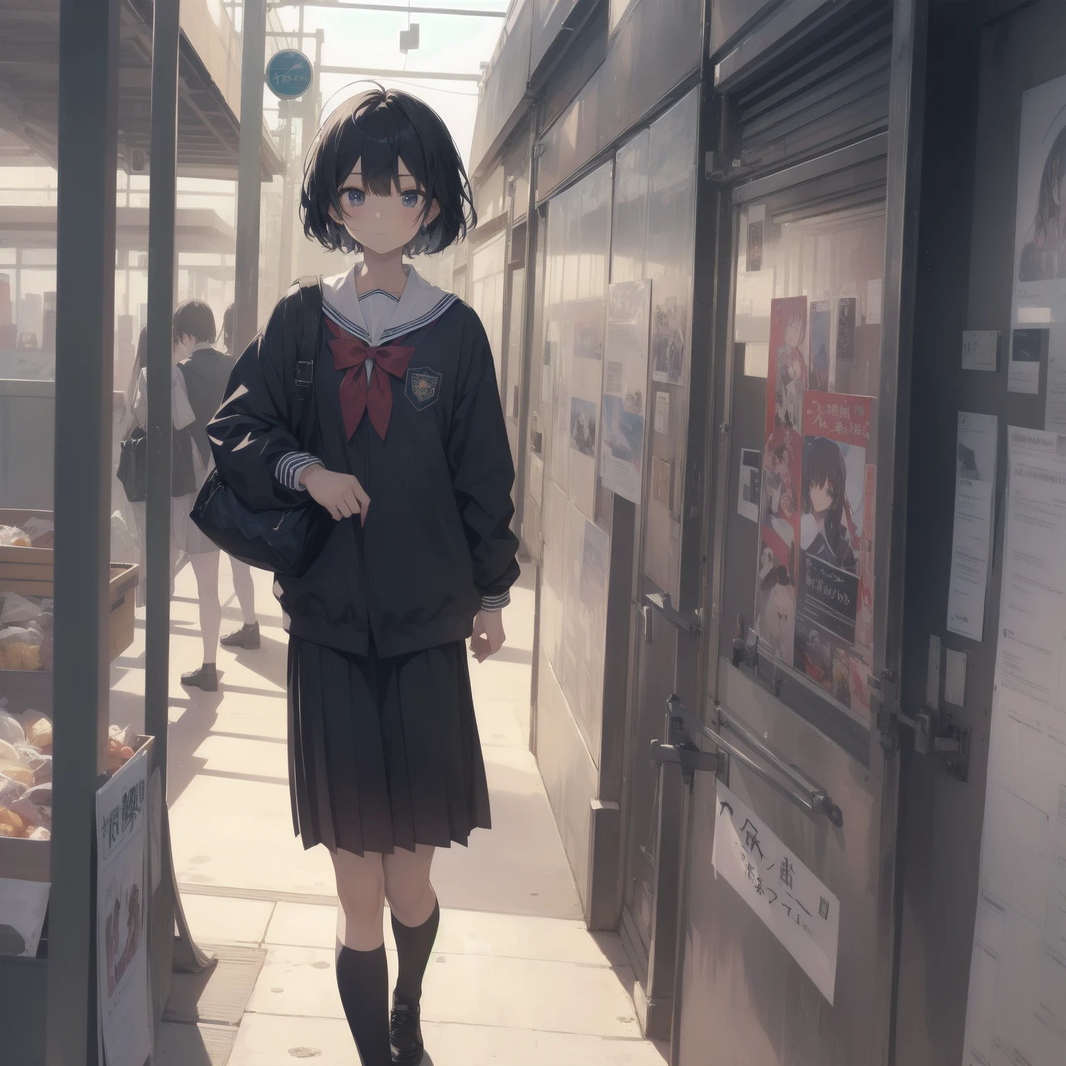 ultra-absurdres-Top quality by artist God, ultra-detailed, high resolution, anime moe artstyle, best anime 8k konachan wallpaper, pixiv contest winner, pool:2810, perfect anatomy,break, 1girl, (Please draw a girl walking sleepily to school alone. )break,(Solo,little female, 13-year-old:1.3),Full limbs, complete fingers,a junior high school student, (very short hair), short cut, flat chest, , small butt, small black eyes, beautiful detailed eyes, well-proportioned iris and pupils, expressive eyes, highres detailed hair, soft expression, salor school_uniform, sailor collar, serahuku, bow, pleated skirt,(Detailed Lighting), (Detailed background), in the School commute route. break,super detailed skin, Best cinematic lighting powered by famous artist, 8k,beauty illustration,photoshop_(medium),very aesthetic,break,((artist:saiguchi_otoufu )), artist:clamp ,artist:carnelian ,artist:kantoku ,
