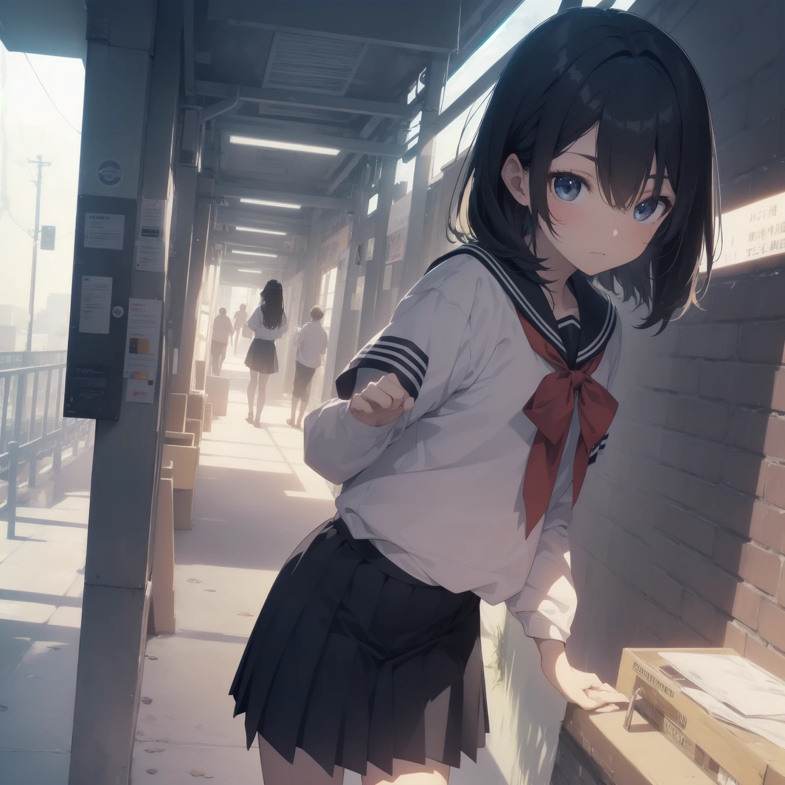 ultra-absurdres-Top quality by artist God, ultra-detailed, high resolution, anime moe artstyle, best anime 8k konachan wallpaper, pixiv contest winner, pool:2810, perfect anatomy,break, 1girl, (Please draw a girl walking sleepily to school alone. )break,(Solo,little female, 13-year-old:1.3),Full limbs, complete fingers,a junior high school student, (very short hair), short cut, flat chest, , small butt, small black eyes, beautiful detailed eyes, well-proportioned iris and pupils, expressive eyes, highres detailed hair, soft expression, salor school_uniform, sailor collar, serahuku, bow, pleated skirt,(Detailed Lighting), (Detailed background), in the School commute route. break,super detailed skin, Best cinematic lighting powered by famous artist, 8k,beauty illustration,photoshop_(medium),very aesthetic,break,((artist:saiguchi_otoufu )), artist:clamp ,artist:carnelian ,artist:kantoku ,