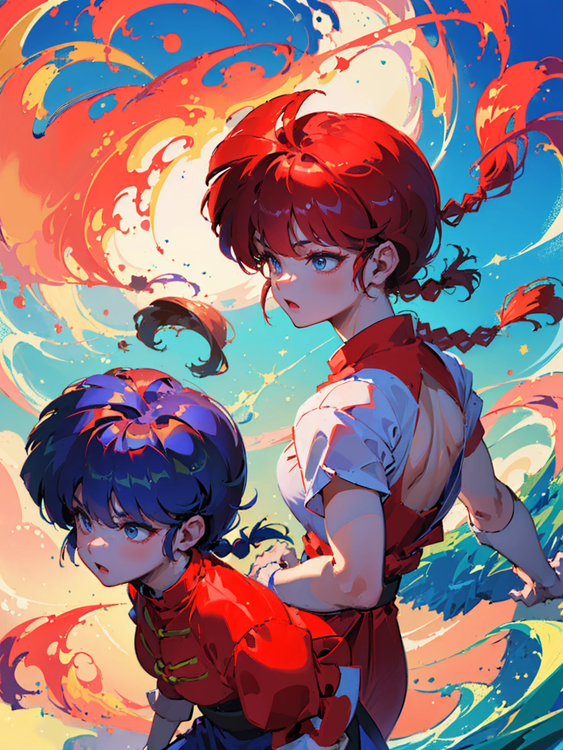 ((masterpiece:1.4)), expensive quality, very_expensive_solve, big_file size, Full Color, Thick outline, Clear contours, colorful, (Beautiful fine details, Are thin:1.4), ((Beautiful Face:1.0)), ((Boyish face:1.4)), 1 girl:1.4, (Ranma), (Redhead), short hair, (Braided Ponytail), ((bangs)), bumpy bangs, Blue-gray eyes, Big Breasts, Curvy, Ranma, Braided Ponytail, (Red Chinese Clothing, Short sleeves in red), No sleeve, Tangzhuang, (Black trousers), , Tangzhuang, (Black trousers), Are standing, ((, Are thin:1.4)), ((from the front:1.4)), Are thin:1.4
