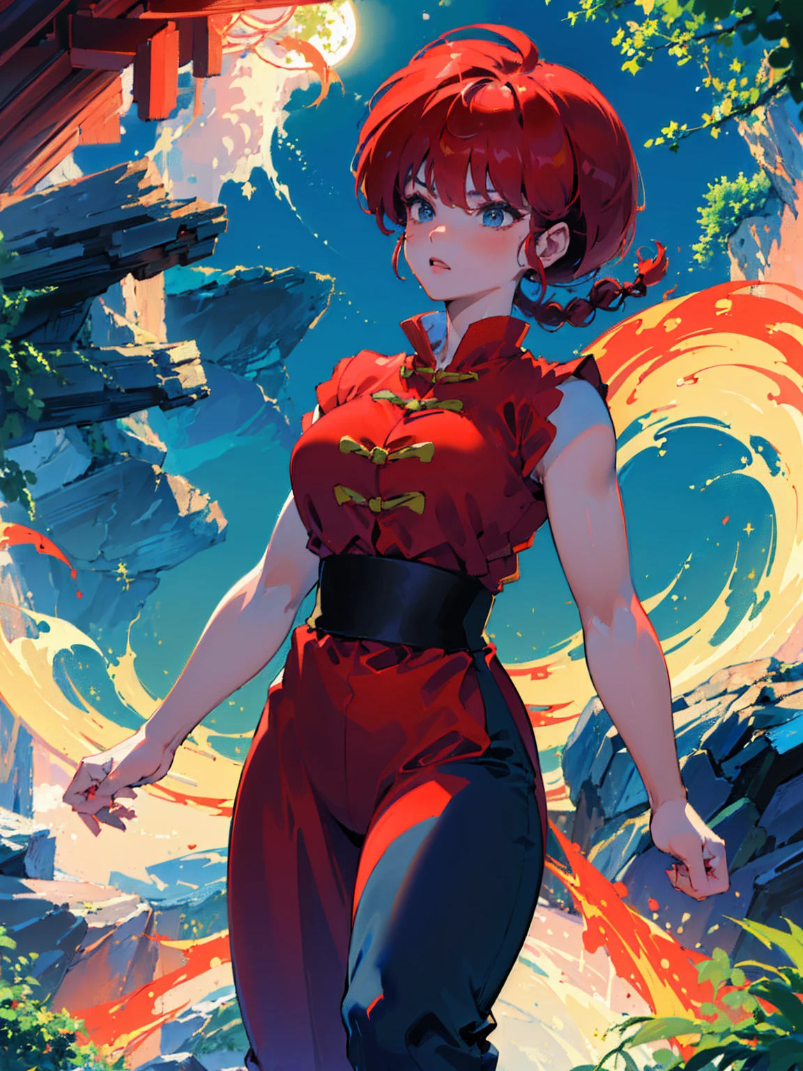 ((masterpiece:1.4)), expensive quality, very_expensive_solve, big_file size, Full Color, Thick outline, Clear contours, colorful, (Beautiful fine details, Are thin:1.4), ((Beautiful Face:1.0)), ((Boyish face:1.4)), 1 girl:1.4, (Ranma), (Redhead), short hair, (Braided Ponytail), ((bangs)), bumpy bangs, Blue-gray eyes, Big Breasts, Curvy, Ranma, Braided Ponytail, (Red Chinese Clothing, Short sleeves in red), No sleeve, Tangzhuang, (Black trousers), , Tangzhuang, (Black trousers), Are standing, ((, Are thin:1.4)), ((from the front:1.4)), Are thin:1.4
