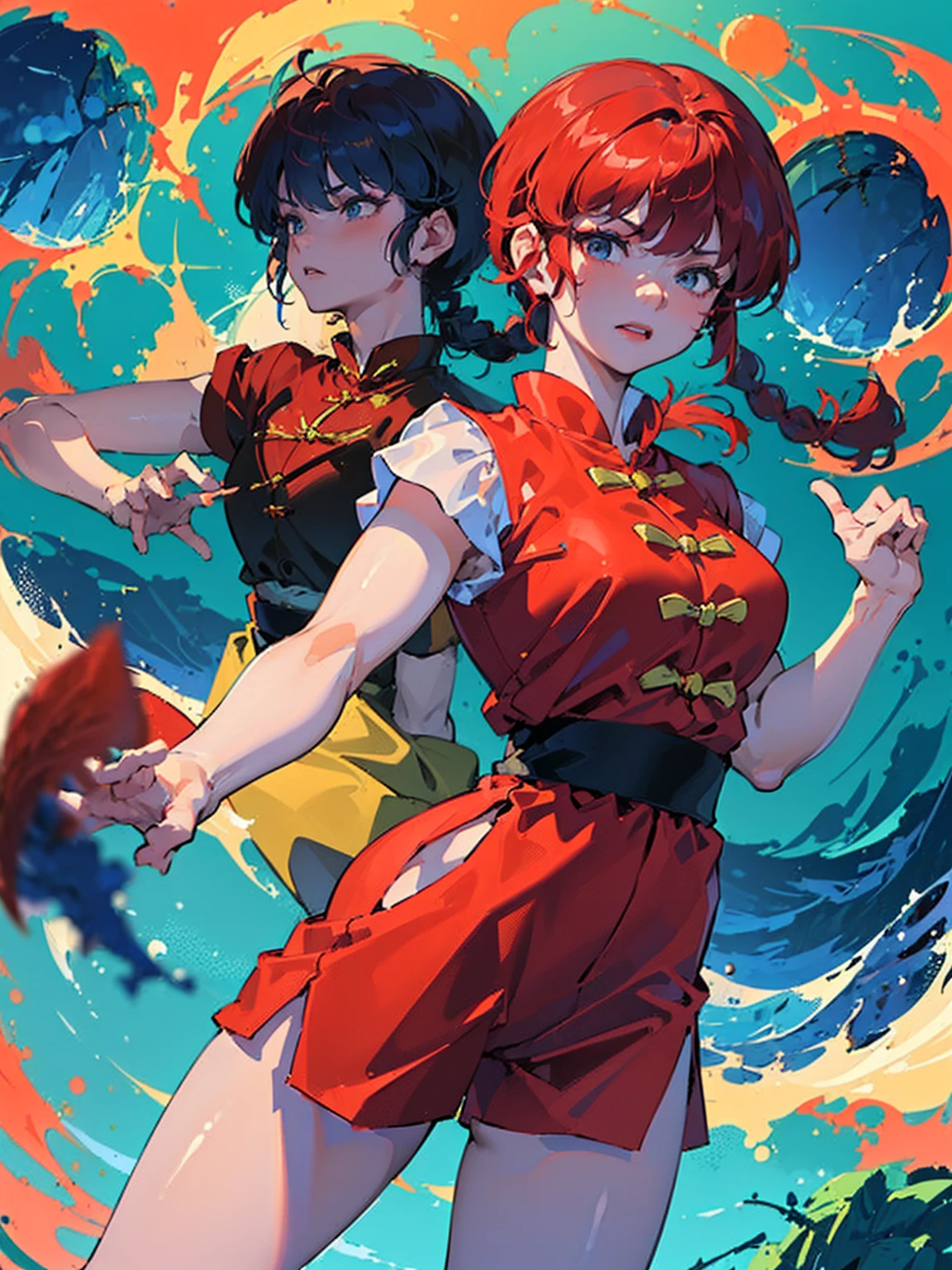 ((masterpiece:1.4)), expensive quality, very_expensive_solve, big_file size, Full Color, Thick outline, Clear contours, colorful, (Beautiful fine details, Are thin:1.4), ((Beautiful Face:1.0)), ((Boyish face:1.4)), 1 girl:1.4, (Ranma), (Redhead), short hair, (Braided Ponytail), ((bangs)), bumpy bangs, Blue-gray eyes, Big Breasts, Curvy, Ranma, Braided Ponytail, (Red Chinese Clothing, Short sleeves in red), No sleeve, Tangzhuang, (Black trousers), , Tangzhuang, (Black trousers), Are standing, ((, Are thin:1.4)), ((from the front:1.4)), Are thin:1.4