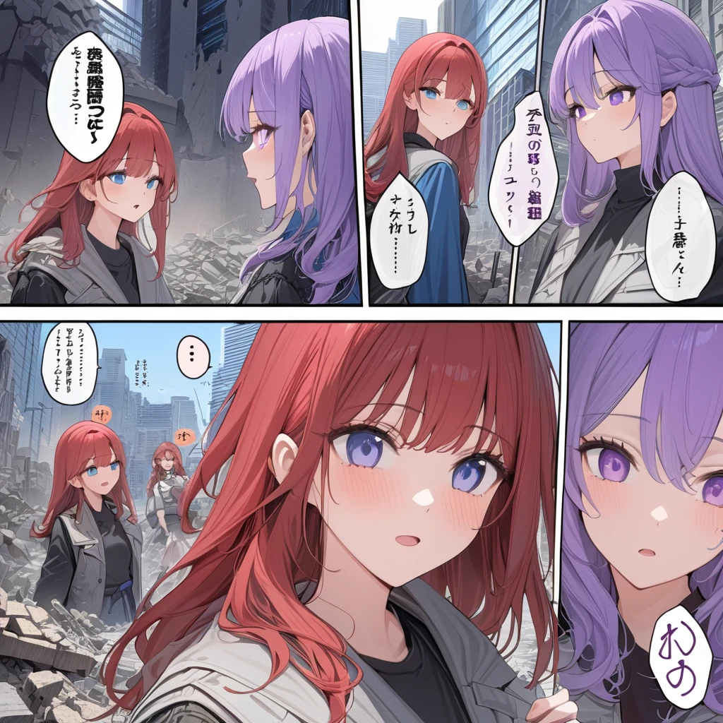 ((highest quality)), ((masterpiece)), (detailed)), three woman friends together a woman with red hair blue eye or a woman purple hair lilac eye in a city in rubble and destroyed Comic ebook storyboard three panels HQ speech expression
