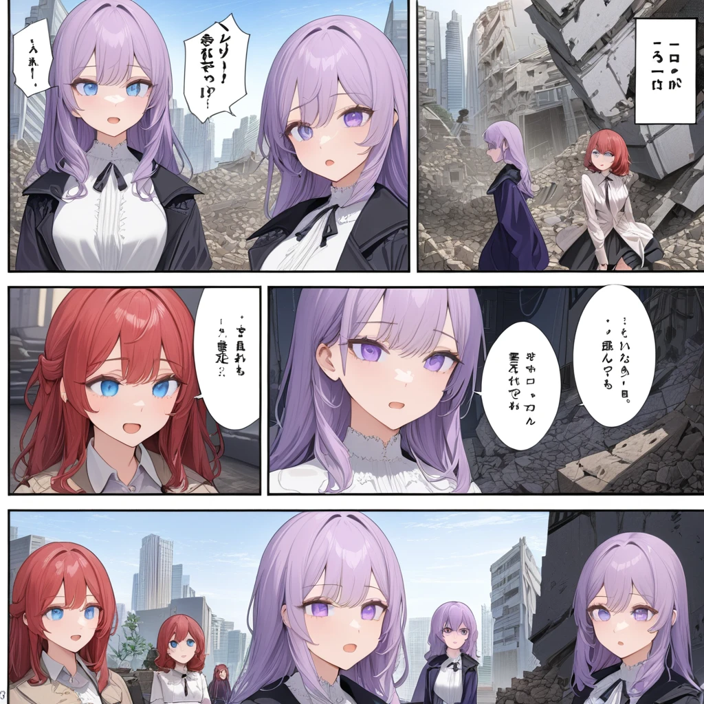 ((highest quality)), ((masterpiece)), (detailed)), three woman friends together a woman with red hair blue eye or a woman purple hair lilac eye in a city in rubble and destroyed Comic ebook storyboard three panels HQ speech expression
