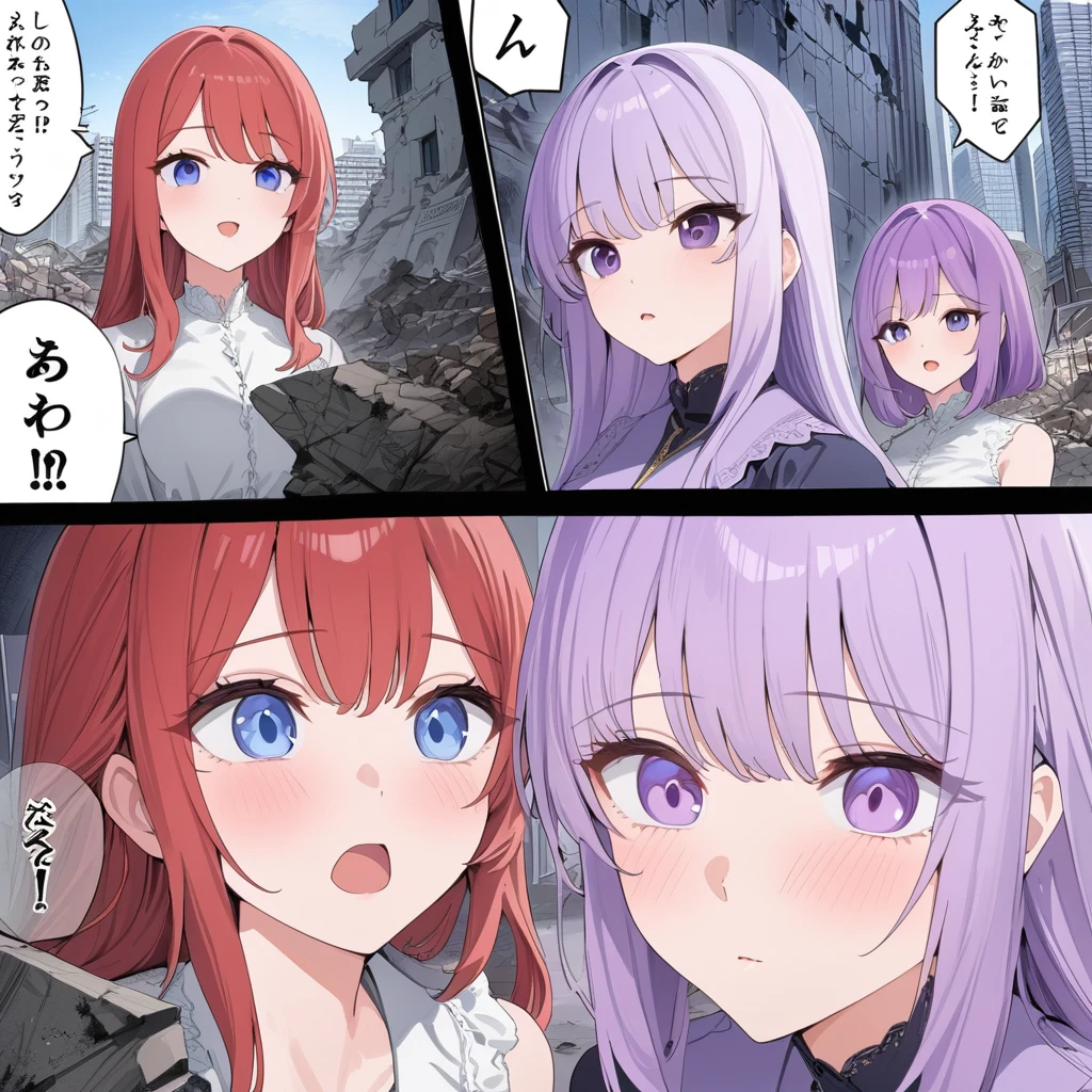 ((highest quality)), ((masterpiece)), (detailed)),  three woman friends together a woman with red hair blue eye or a woman purple hair lilac eye in a city in rubble and destroyed Comic ebook storyboard three panels HQ speech expression