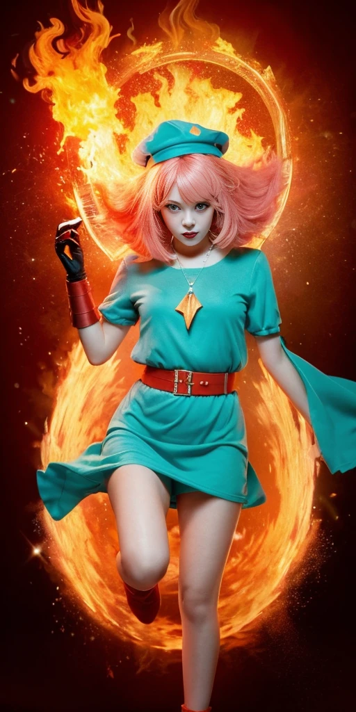 ((masterpiece,best quality)),(negative space:1.4),(1girl, solo:1.4),beautiful detailed eyes,floating pink hair, red hat, fireball, casting a fire spell, orange and red fractals background, looking to the side, teal eyes, fullbody, jumping