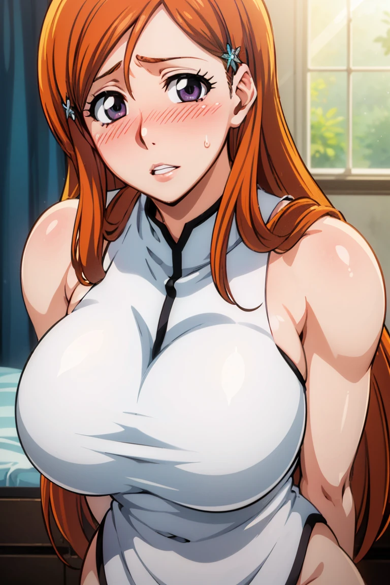 portrait, solo focus, solo, close-up, looking at viewer, (parted lips:1.2), (sunlight, bright, sunshine:1.2)
eft_bleach_orihime, 1 girl,1 boy ,((inoue orihime milf physique)), solo, long hair, orange hair, grey eyes, breasts,hair ornament, large breasts, hairclip, purple eyes, smile, happy, from front,(posing her body on bed),((huge breast huge pelvis thick thighs)),((clear details High definition body parts perfect body parts )),(((blush lush blush nose blush blush face ))),(sad expression),((wearing white tight apron))