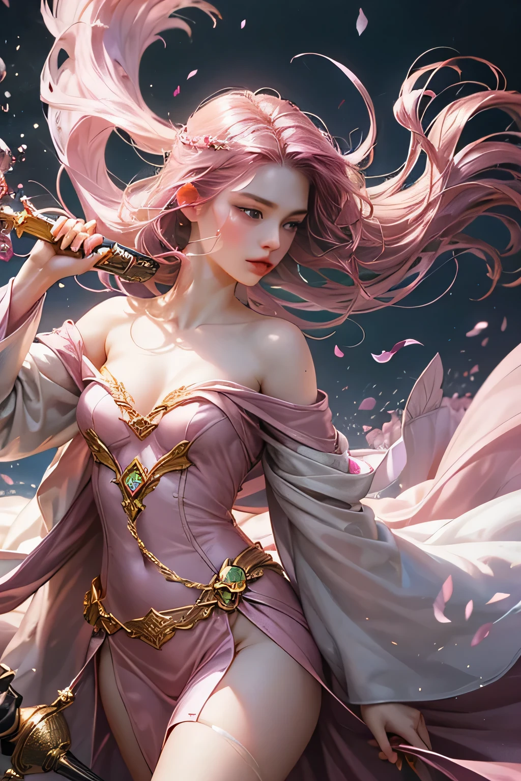 "Create an ultra-realistic image of a stunning 18-year-old girl holding an air magical staff that exudes the energy of the wind and sky. She should be dressed in a sophisticated, ((((((dark pink)))))) shaded outfit that contrasts beautifully with her airy element. Depict her surrounded by elements of air, such as swirling breezes, floating feathers, and gentle currents, to highlight her command over this element. Include a distinct air symbol on her body, signifying her role as the keeper of air and illustrating the powerful, ethereal energy of air she holds within her."