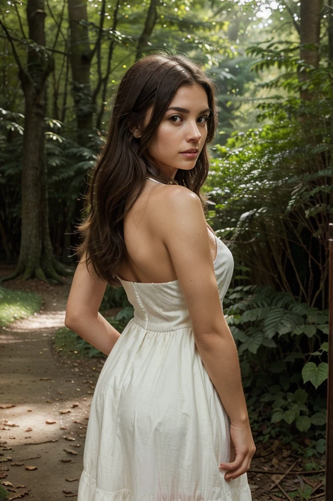 A highly realistic photo of a young woman in her late 20s, with shoulder-length dark brown hair, standing in a lush, green forest. She is wearing a simple white dress that contrasts beautifully with the vibrant greenery around her. The woman has a thoughtful and introspective expression, as if she is lost in deep thought. The photo has a slightly greenish tint, enhancing the natural, serene atmosphere of the forest. She stands with her back to a large tree, one hand resting gently on the bark. Sunlight filters through the leaves, casting dappled shadows on her face and the forest floor. The scene is tranquil yet mysterious, inviting curiosity and contemplation. This photo is perfect for a social media post where a powerful quote will be placed on the image, encouraging viewers to swipe to see a deeply impactful message. Effects include subtle depth of field to focus on the woman and slight vignette to draw attention to the center of the image, creating a visually captivating and emotionally engaging scene.