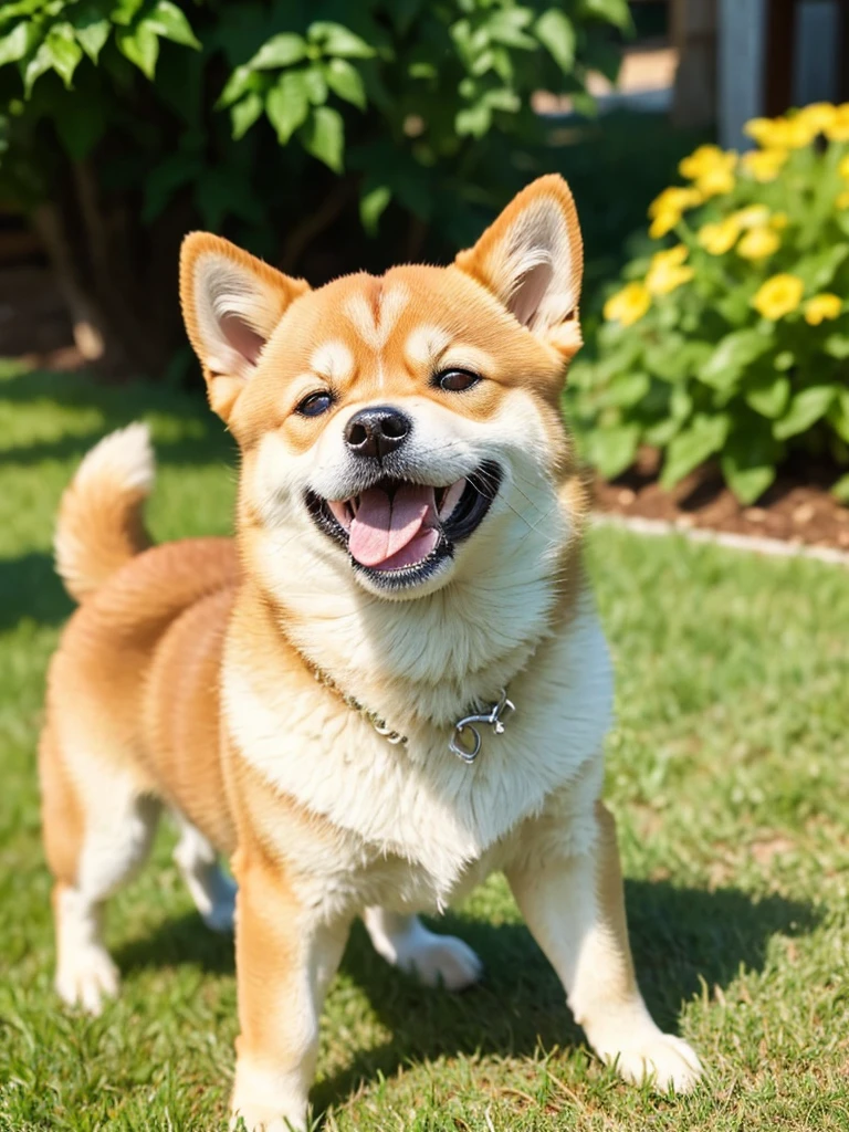 Highest Resolution,Highest quality,Shiba Inu,meal,可愛いShiba Inu,Fluffy,smile,Drooling,Dripping saliva,Overflowing saliva,Iyashiba dog,garden,doghouse,grass,Stringy saliva,