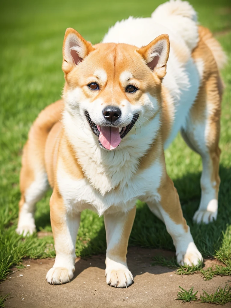 Highest Resolution,Highest quality,Shiba Inu,meal,可愛いShiba Inu,Fluffy,smile,Drooling,Dripping saliva,Overflowing saliva,Iyashiba dog,garden,doghouse,grass,Stringy saliva,