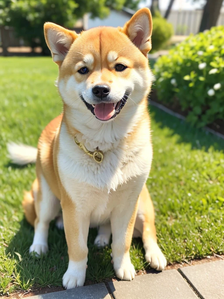 Highest Resolution,Highest quality,Shiba Inu,meal,可愛いShiba Inu,Fluffy,smile,Drooling,Dripping saliva,Overflowing saliva,Iyashiba dog,garden,doghouse,grass,Stringy saliva,