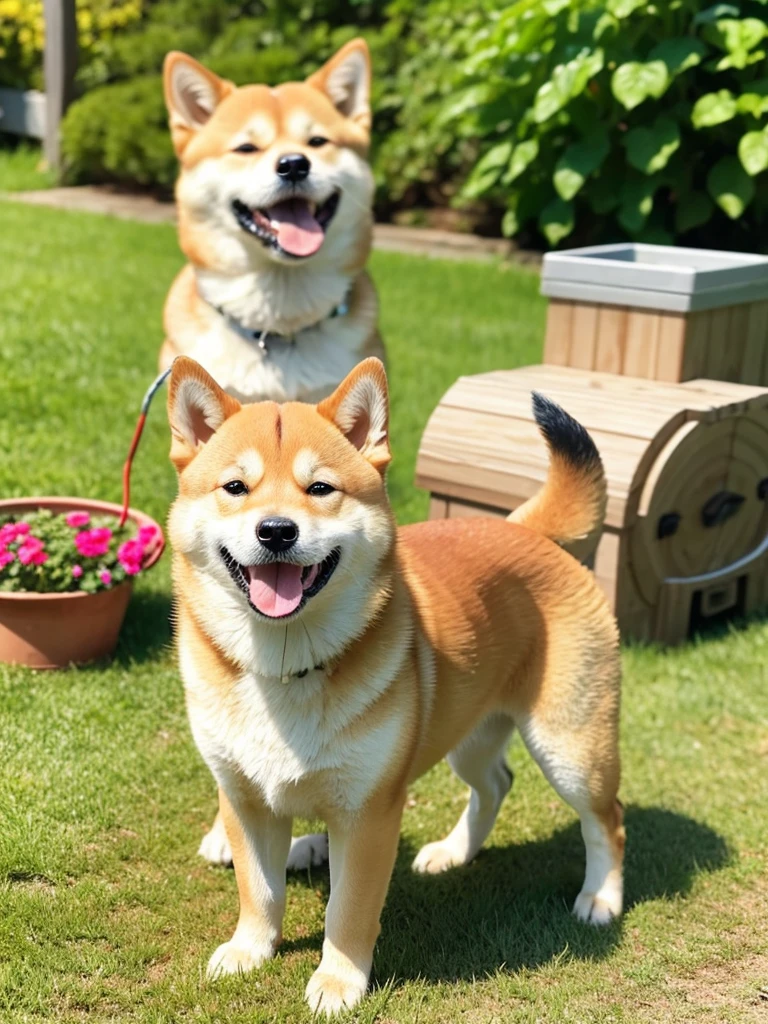 Highest Resolution,Highest quality,Shiba Inu,meal,可愛いShiba Inu,Fluffy,smile,Drooling,Dripping saliva,Overflowing saliva,Iyashiba dog,garden,doghouse,grass,Stringy saliva,