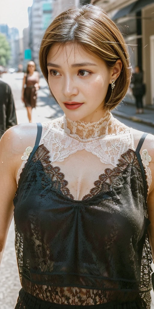 upper body photo of a beautiful woman, fiddling with cell phone in the middle of the street, [see-through](short lace cami:1.47), natural breast, medium breasts, (narrow waist, perfect body curve), earring, sharp focus, (tall body, adult woman), ((looking at away)), (high detailed skin, skin pores:1.4)