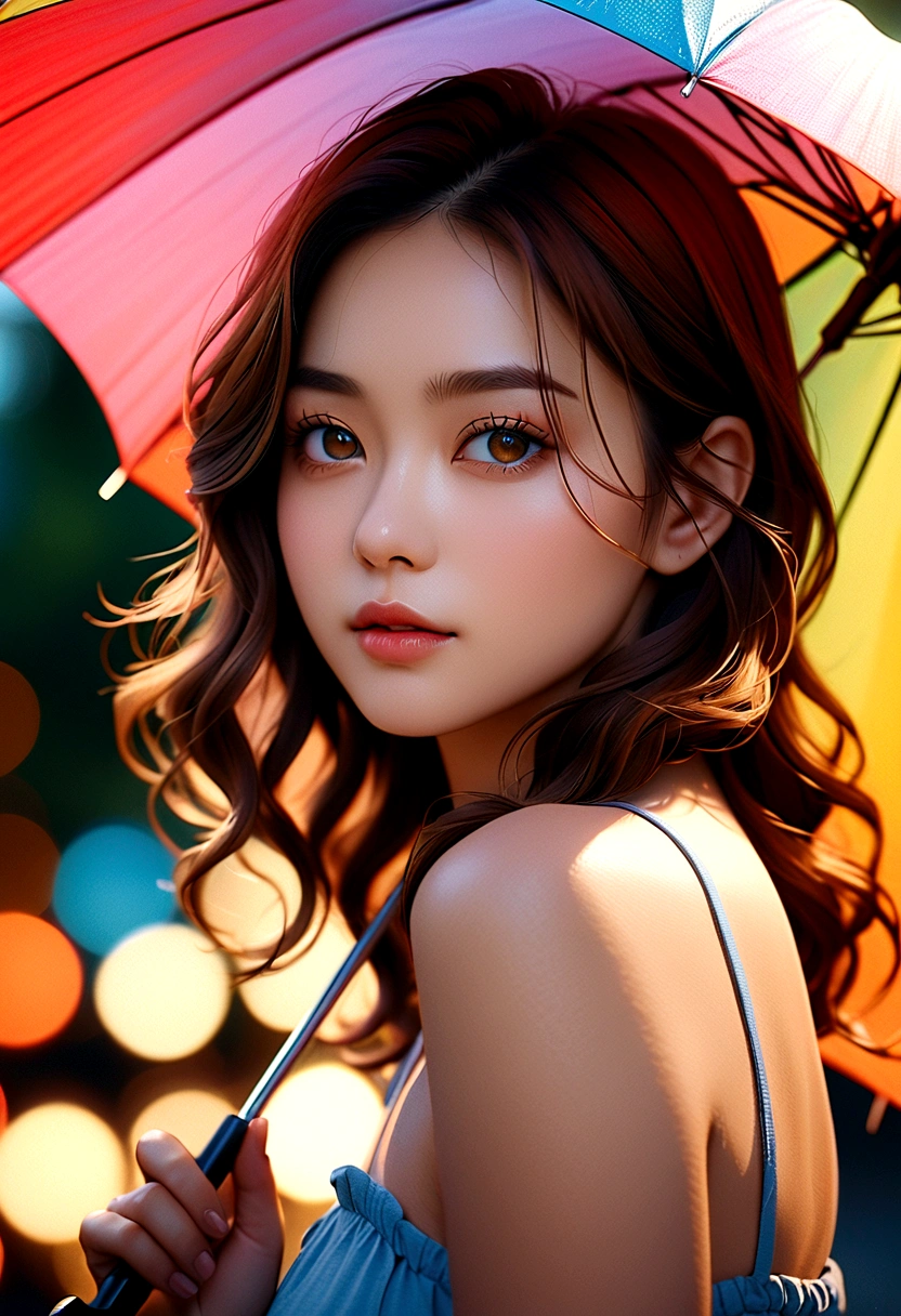 film, Portrait photography, 1 Girl, Holding an umbrella, Bare shoulders, Shoulder-Length Wavy Hair, serene, calm, (Realistic and detailed eyes, Natural skin texture, Realistic facial details), Soft dramatic lighting, Depth of Field, Bokeh, Vivid details, Meticulous attention to detail, Surrealism, 35 毫米film, Hazy, ,