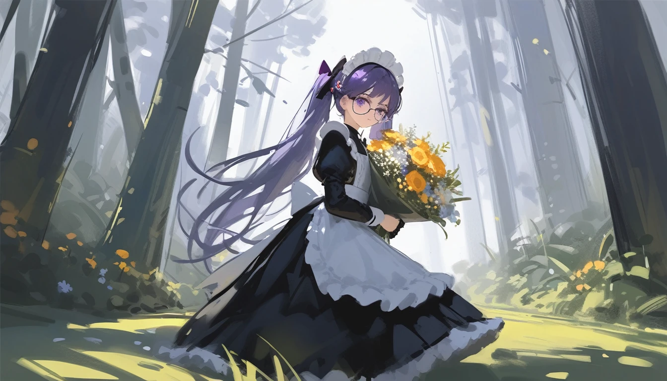 Ciloranko, wlop, 1girl, 独奏, flower, bouquet, purple eyes, maid headdress, looking at viewer, maid, apron, full body, long hair, twintails, holding, white background, long sleeves, holding bouquet, dress, bow, juliet sleeves, puffy sleeves, blush, Spring Flowering Forest, parted lips, frills, ribbon, two side up, hair bow, maid apron one girl, super high quality, Super Detail, Super Detailed image, long hair, looking at viewer, skirt, shirt, hair ornament, violet eyes,black gloves, round glasses, long sleeves,violet hair, round glasses, Flat Chest, smile