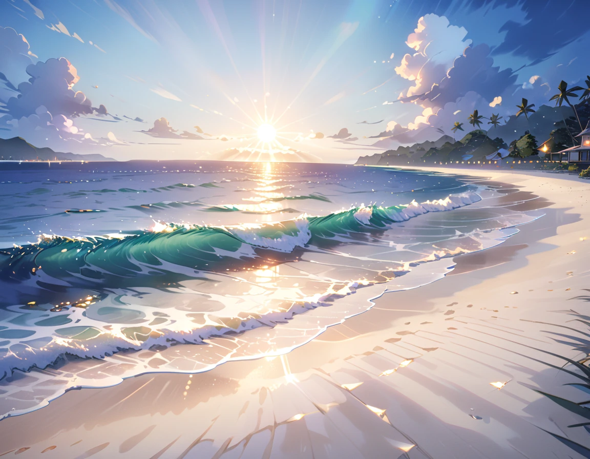 Highest quality、detailed、More information、beautifully、Anime Scenery、summer、Ocean、Ocean岸、Sandy Beach、beautifulOcean、tide、No people、Sun reflection、Quiet waves、Emotional、Attractive landscape painting、bright、shadow、beautiful、night、beautifulnight景、youth、summer、Beach、